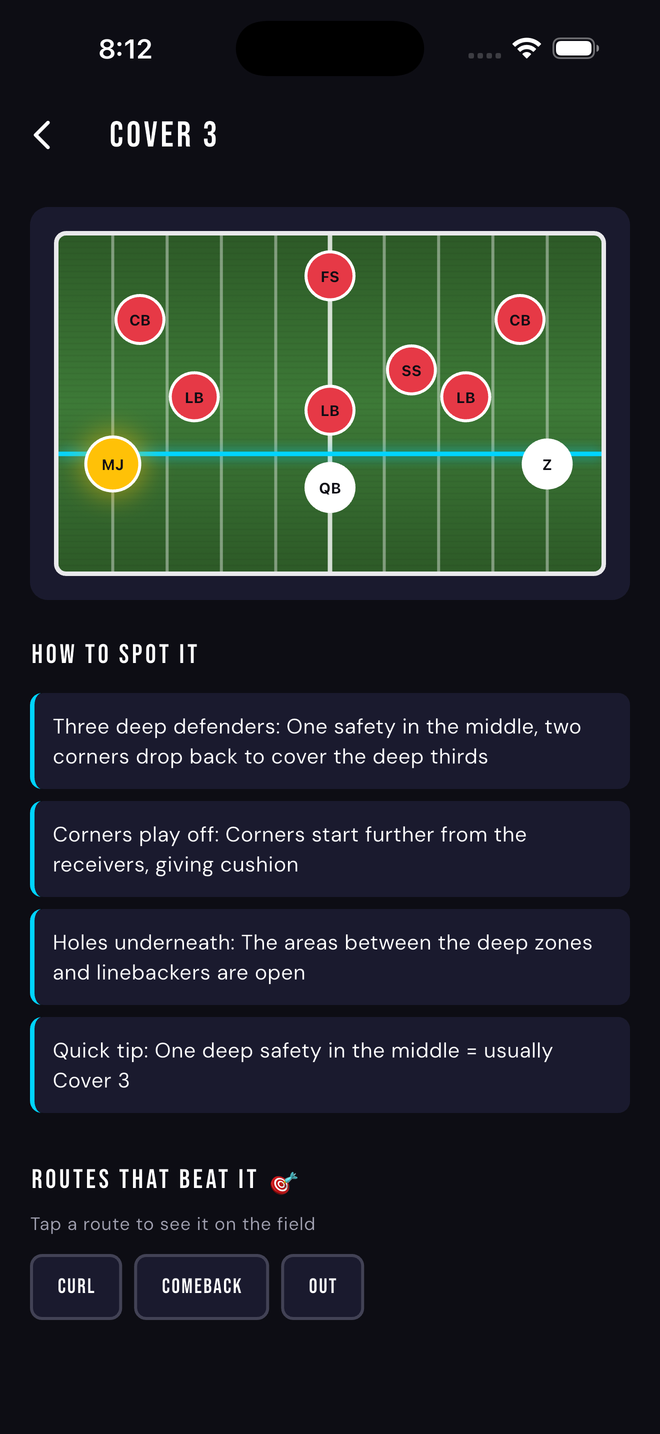 Reading Defenses app showing Cover 3 defense breakdown with field diagram and tips